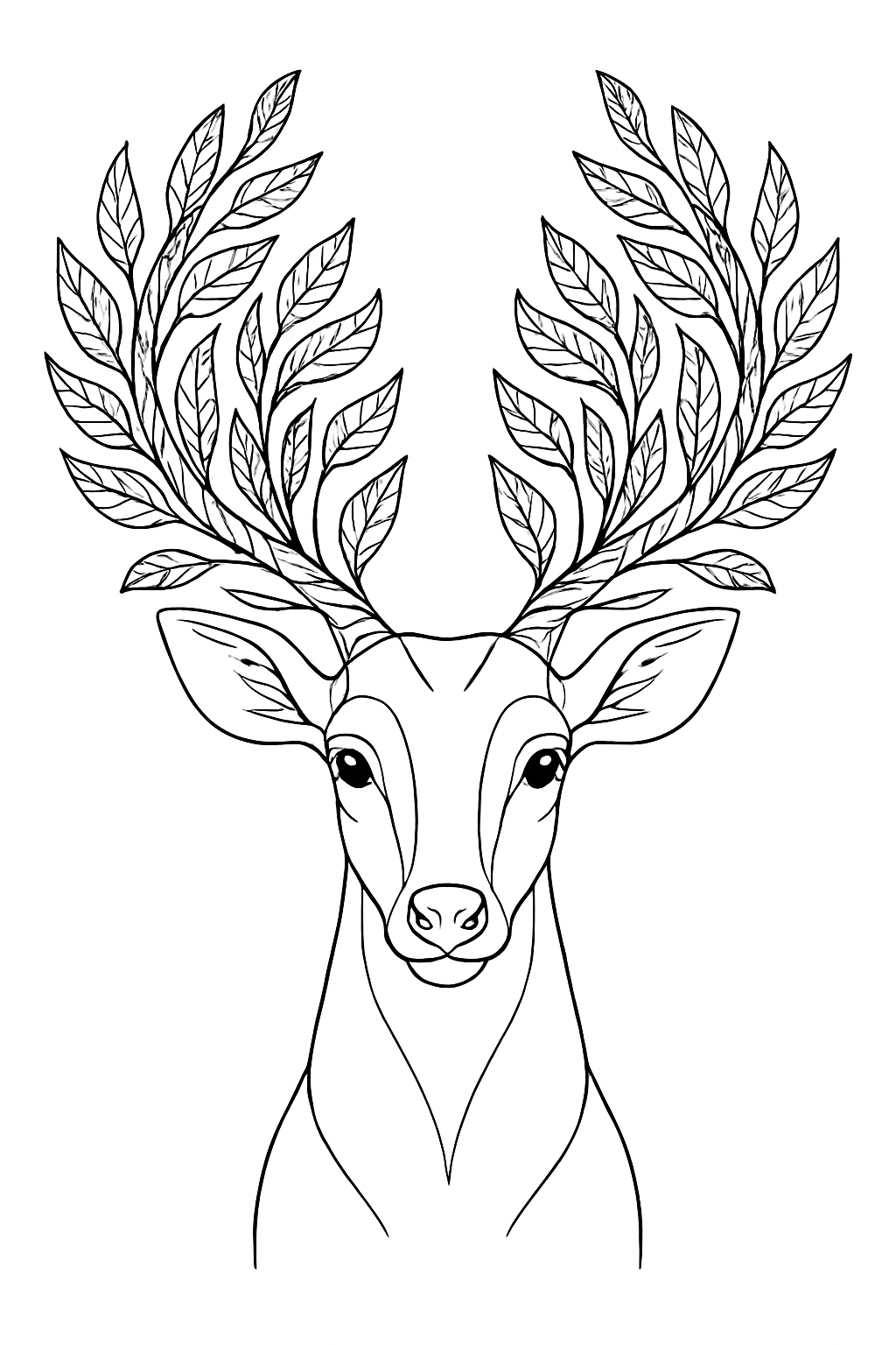 A beautiful deer head inside a symmetrical forest animal mandala coloring page with bold lines.