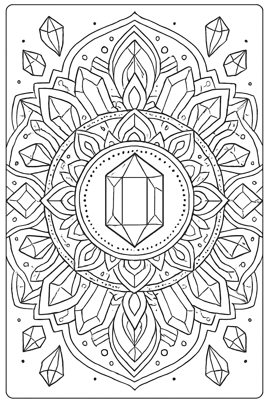 A detailed geometric gemstone mandala coloring page with sharp crystalline shapes and intricate patterns.