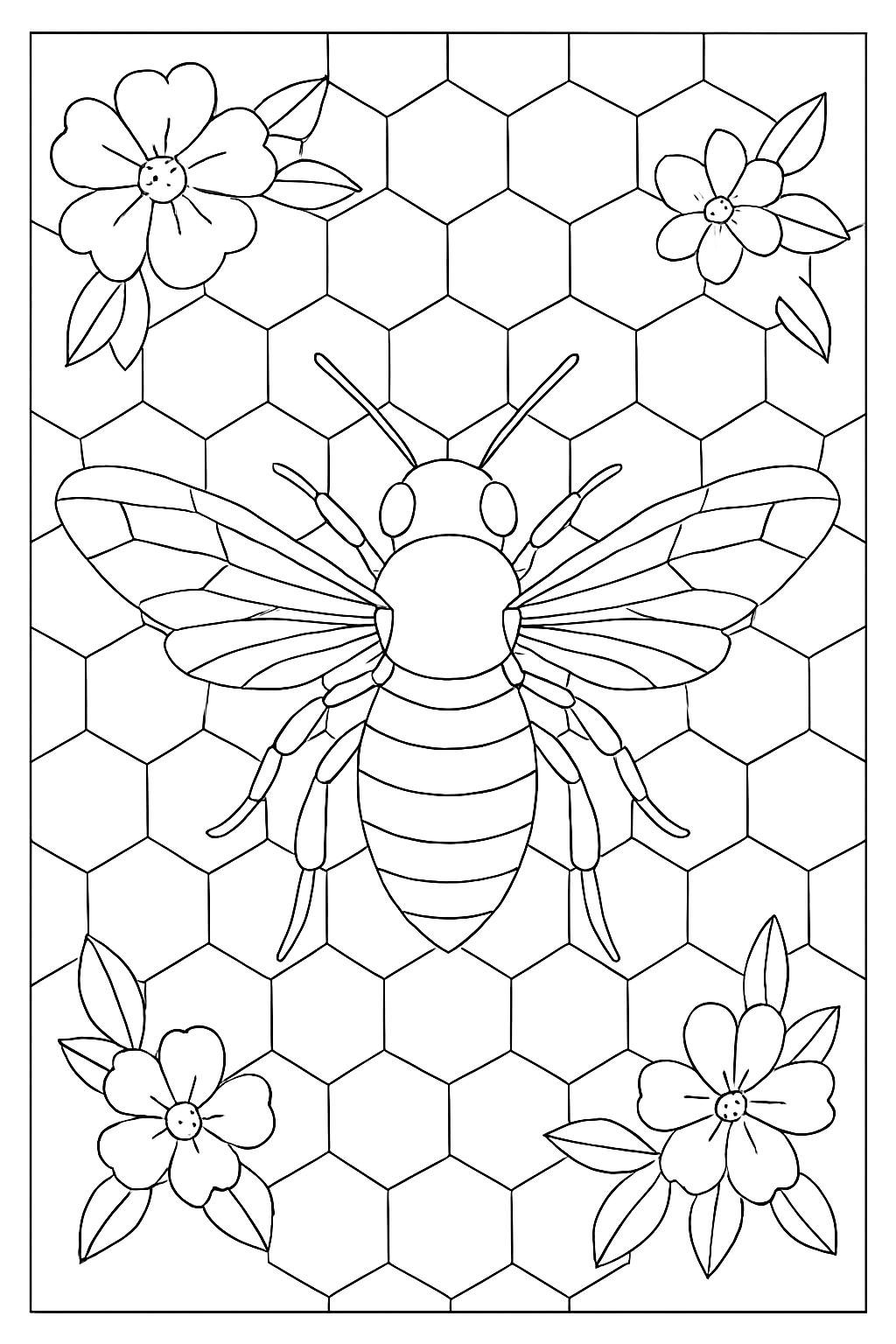 A detailed geometric bee coloring page surrounded by elegant hexagonal honeycomb patterns.