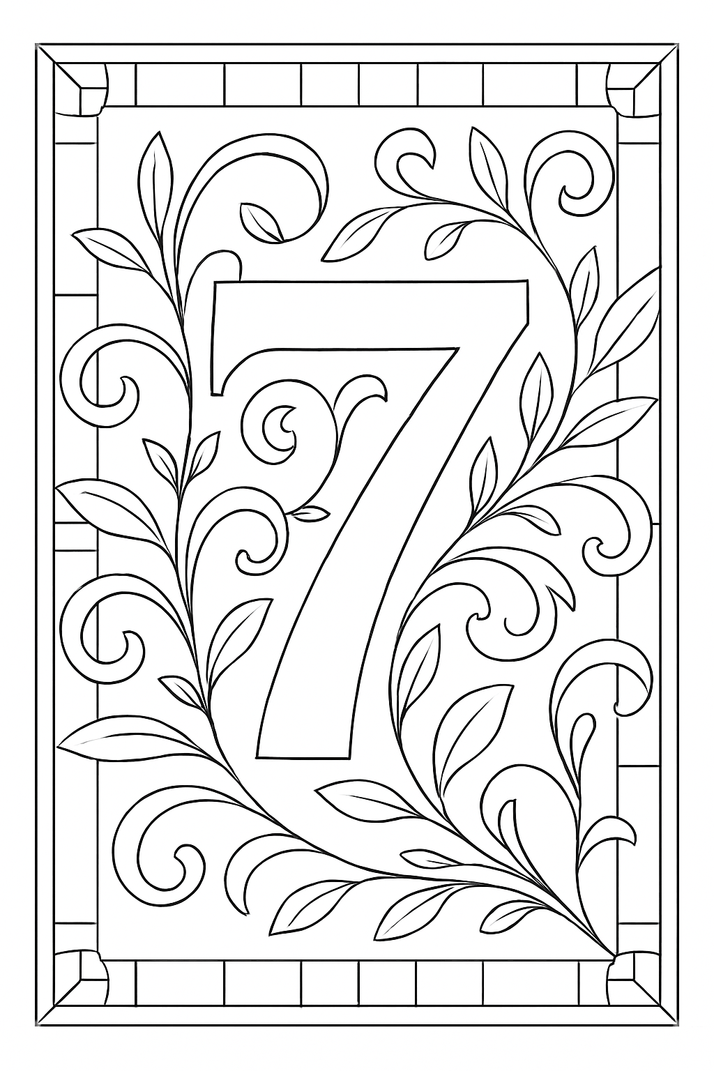 Intricate geometric number seven design on a geometric number coloring page.