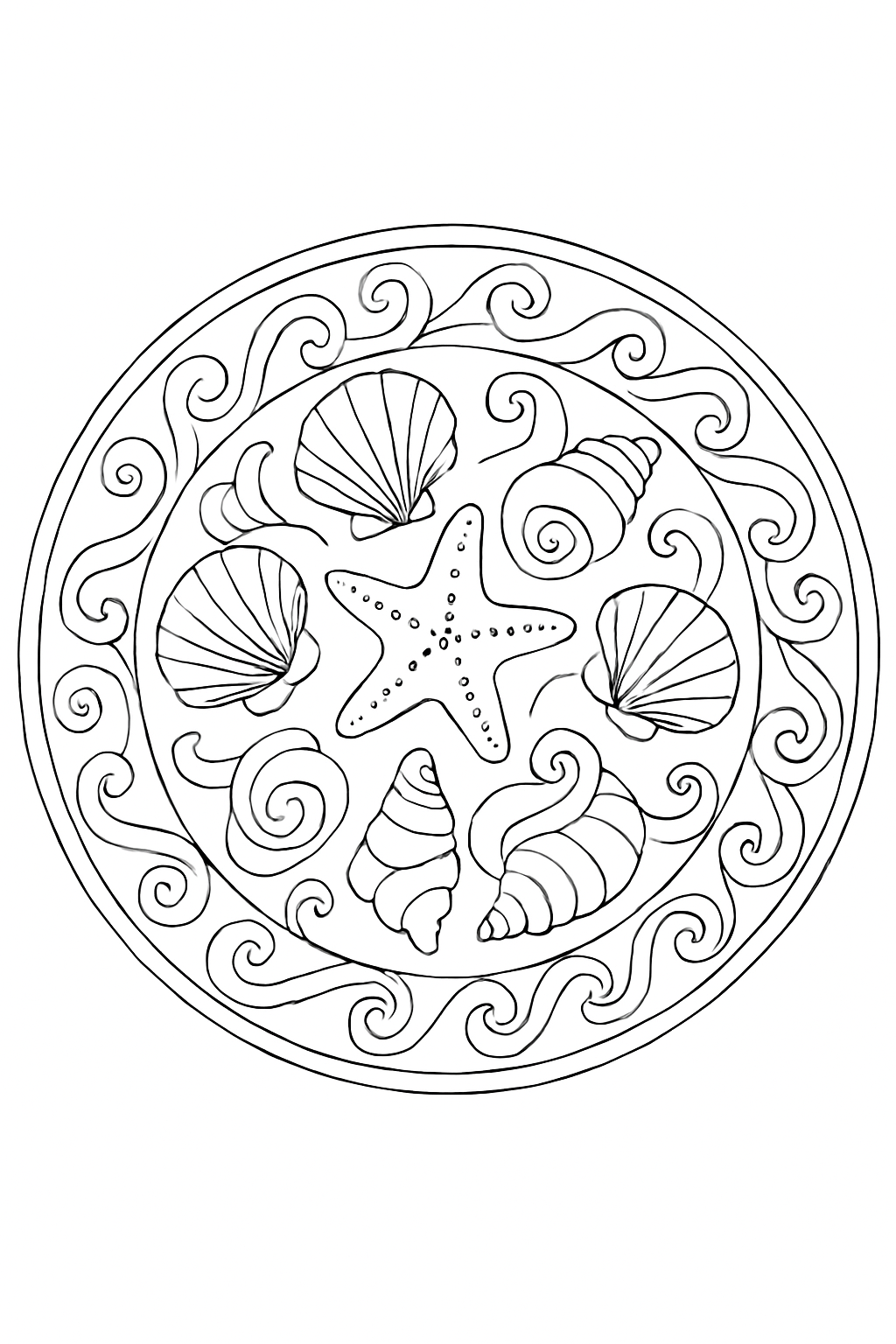 Detailed ocean mandala coloring page with seashells and waves for creative coloring.