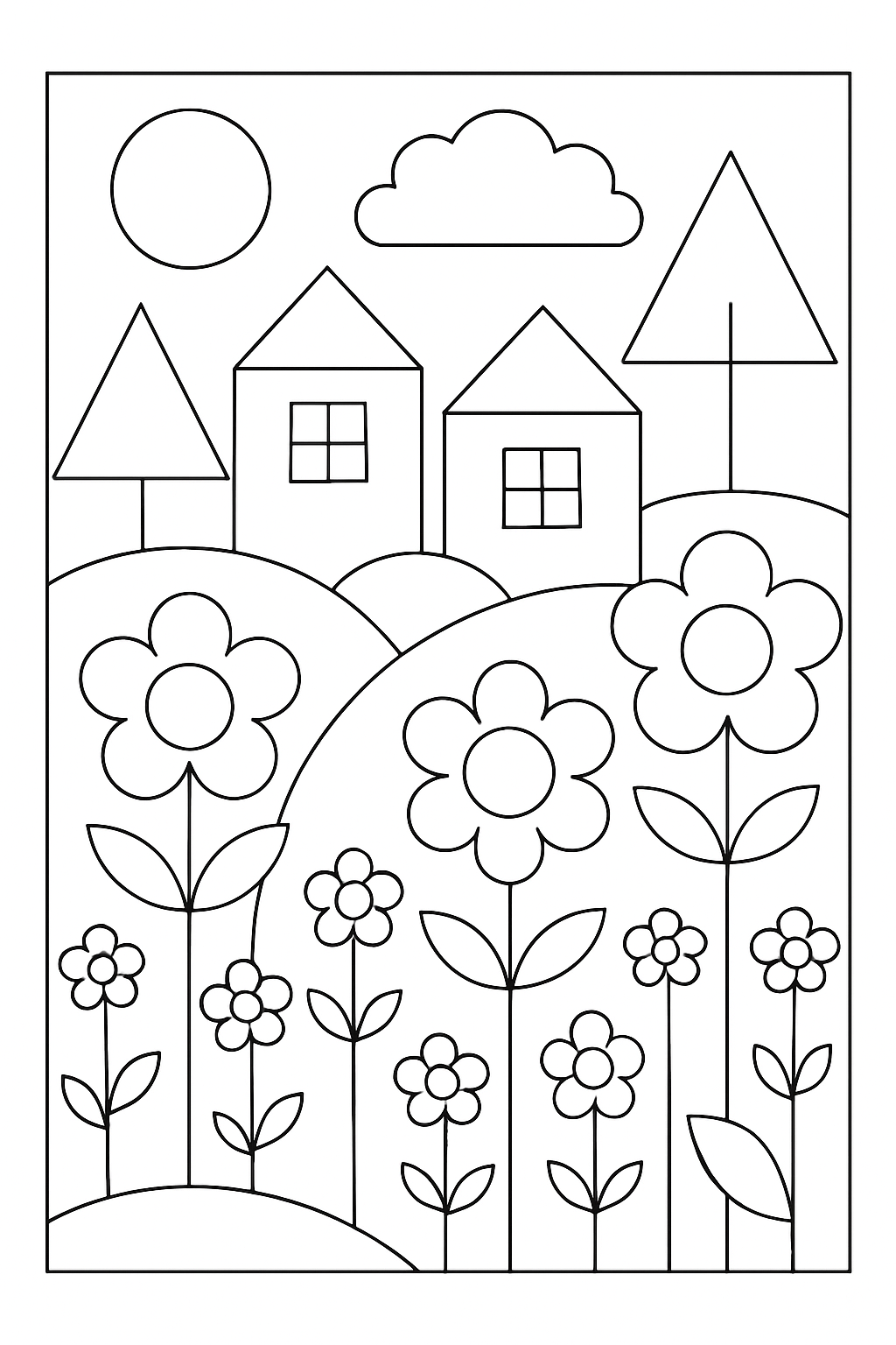 A peaceful garden scene filled with geometric shapes coloring page for educational fun.