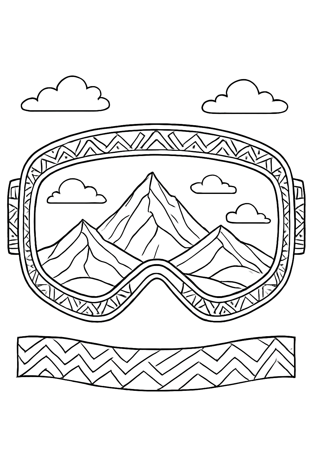 A detailed skiing goggles coloring page showing a mountain range reflected in the lenses with bold line art.