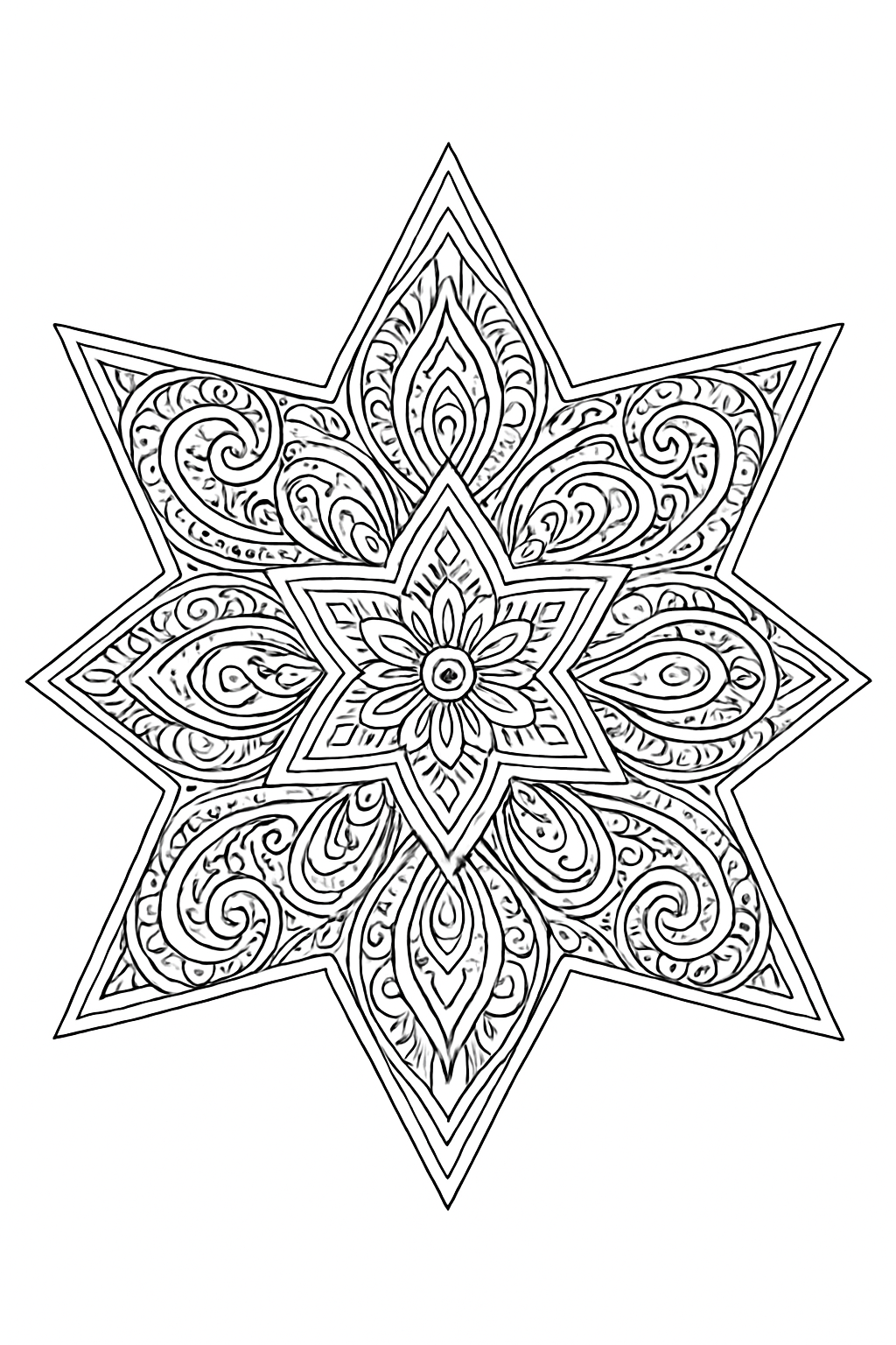 A complex geometric star coloring page filled with intricate mandala patterns and clear outlines.