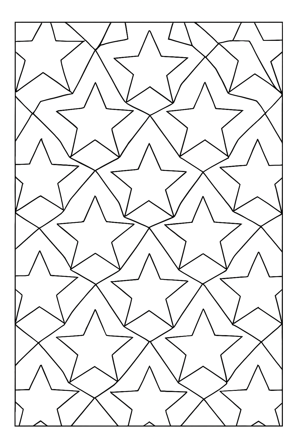 A complex geometric tessellating stars coloring page with clean lines.