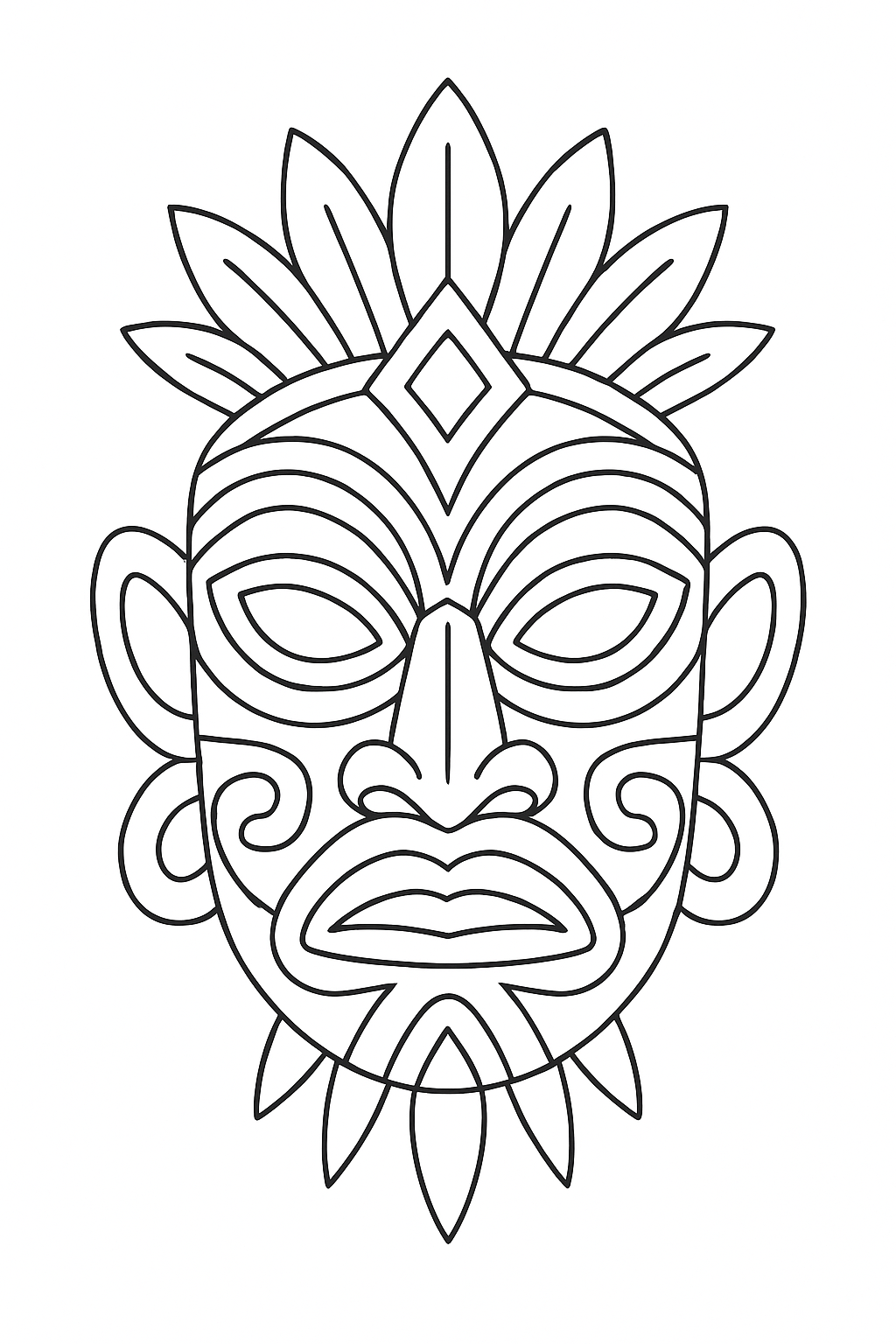 A creative tribal mask coloring page featuring geometric patterns and clear black and white outlines.