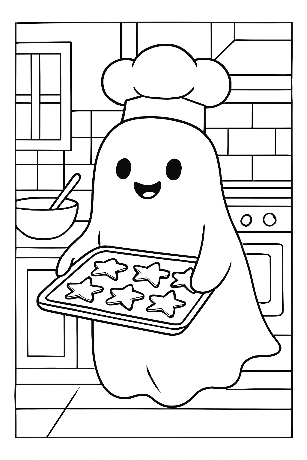 A happy ghost wearing a chef hat holding star cookies on a ghost baking cookies coloring page.