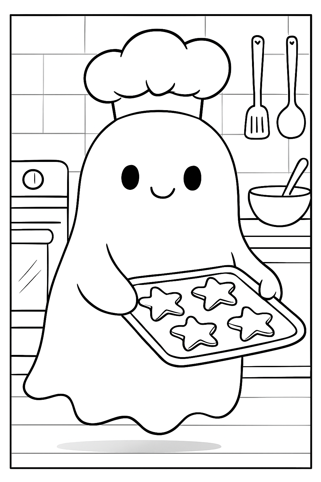 A friendly ghost wearing a chef hat holding a tray of cookies in this fun ghost baking cookies coloring page.