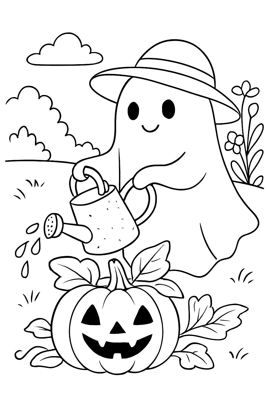 A friendly ghost gardening in a pumpkin patch on a ghost gardening coloring page.