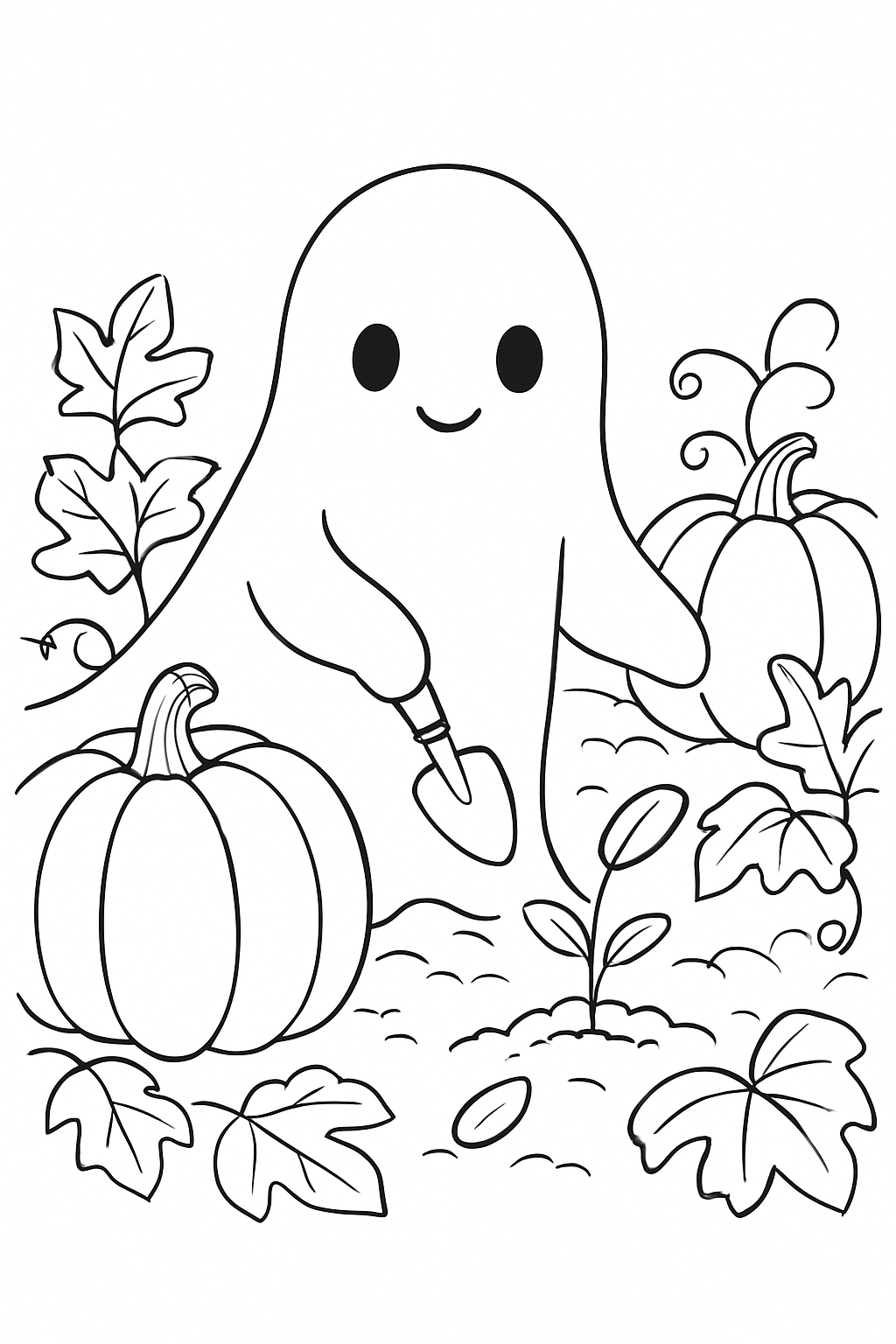 A friendly ghost gardening in a pumpkin patch on a ghost gardening coloring page.