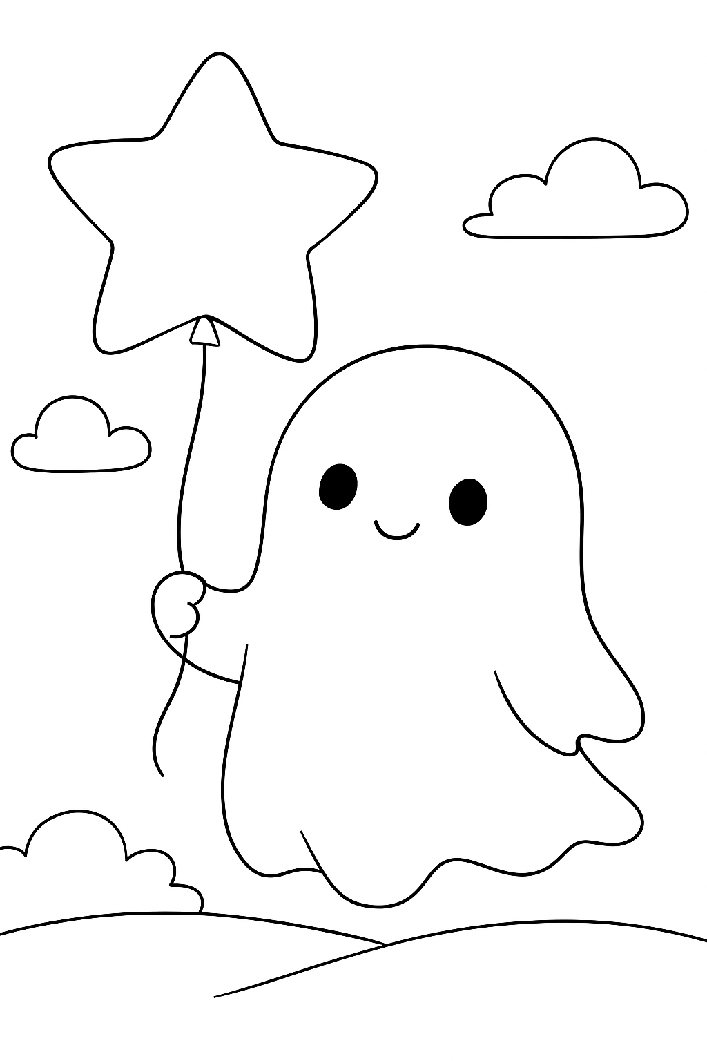 A friendly ghost holding a star balloon on a ghost holding balloon coloring page.