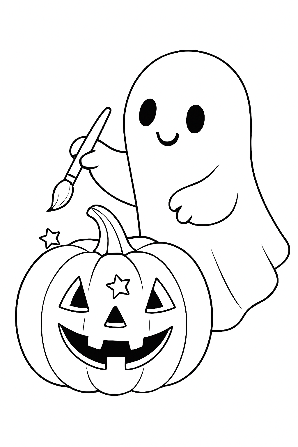 A friendly little ghost painting stars on a round pumpkin in this detailed ghost painting pumpkin coloring page.