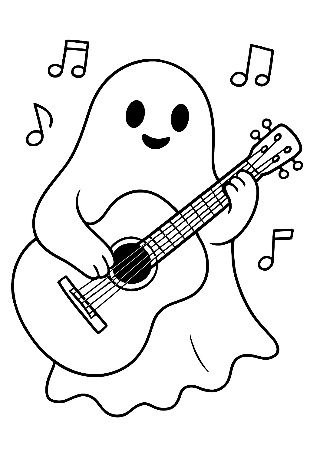 A friendly ghost playing a guitar on a ghost playing music coloring page.