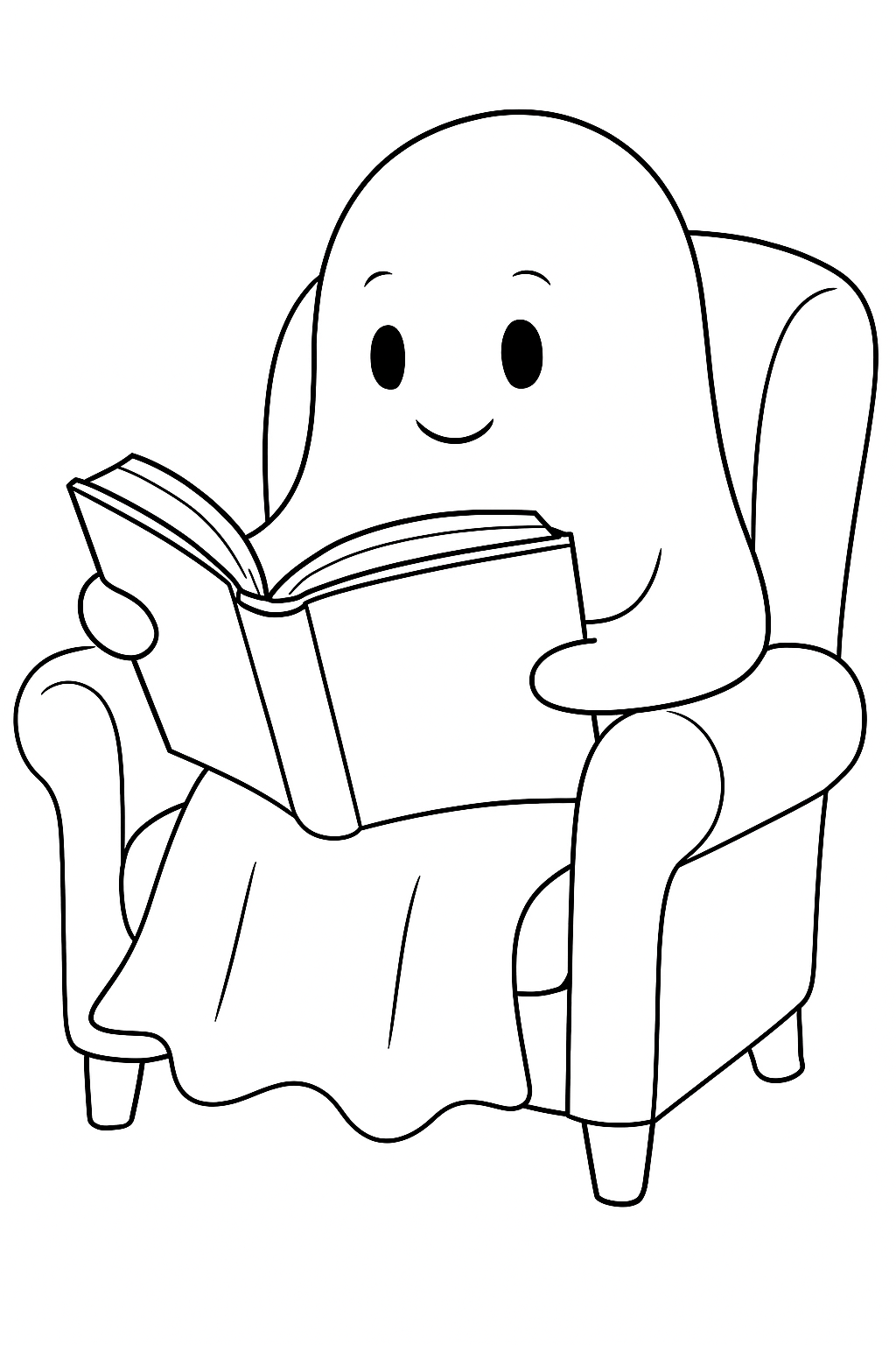 A friendly ghost curled up in an armchair reading a big storybook, perfect ghost reading book coloring page.