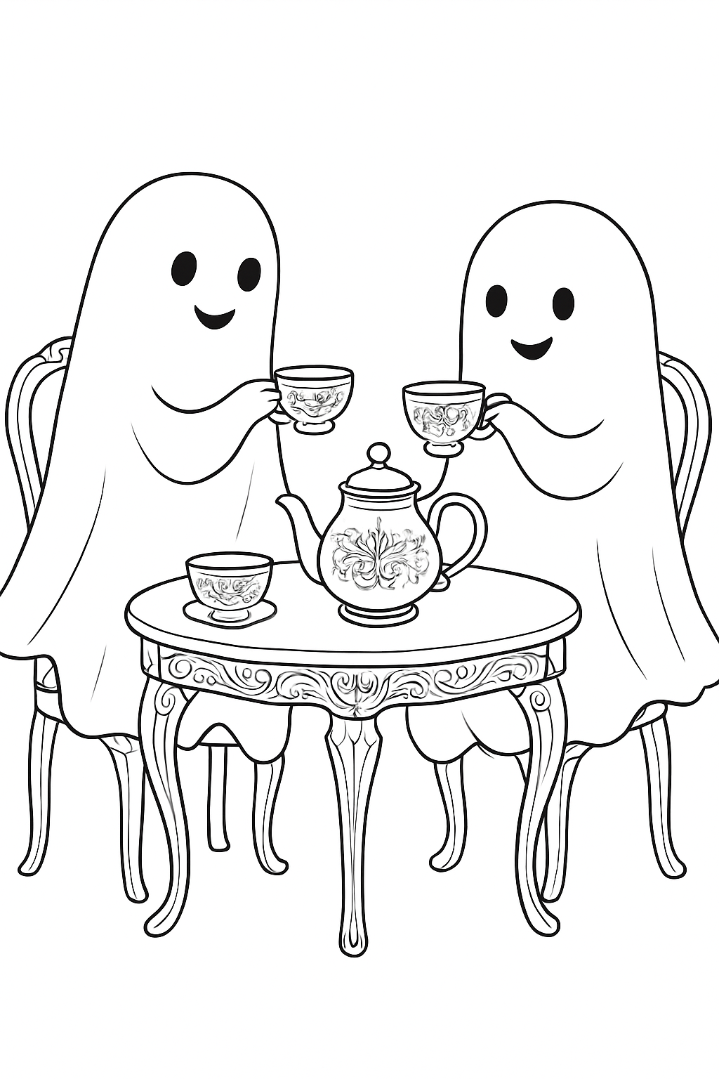 Two friendly ghosts sitting at a table having tea in this detailed ghostly tea party coloring page.