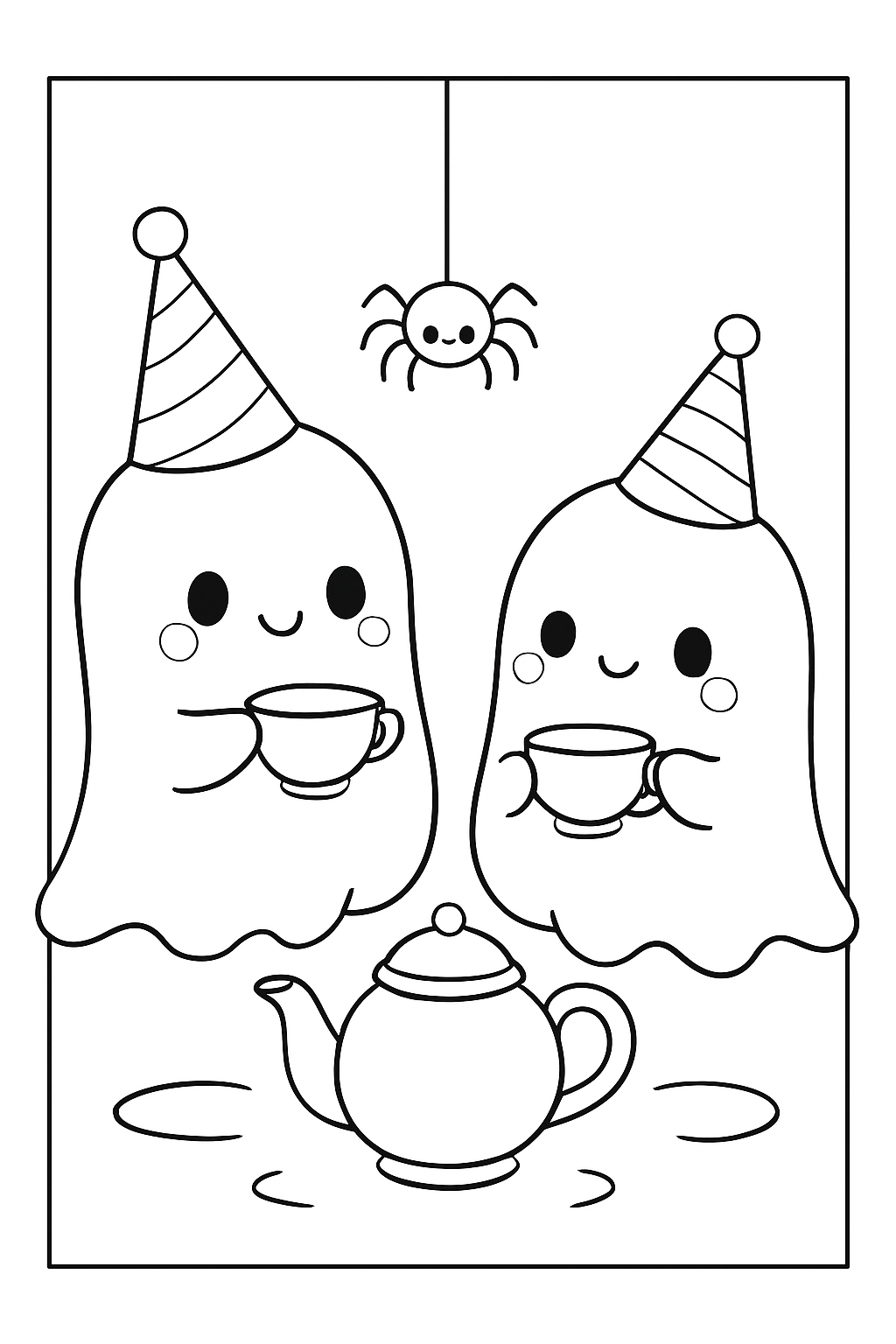 Two cute ghosts having a tea party in this detailed ghostly tea party coloring page.