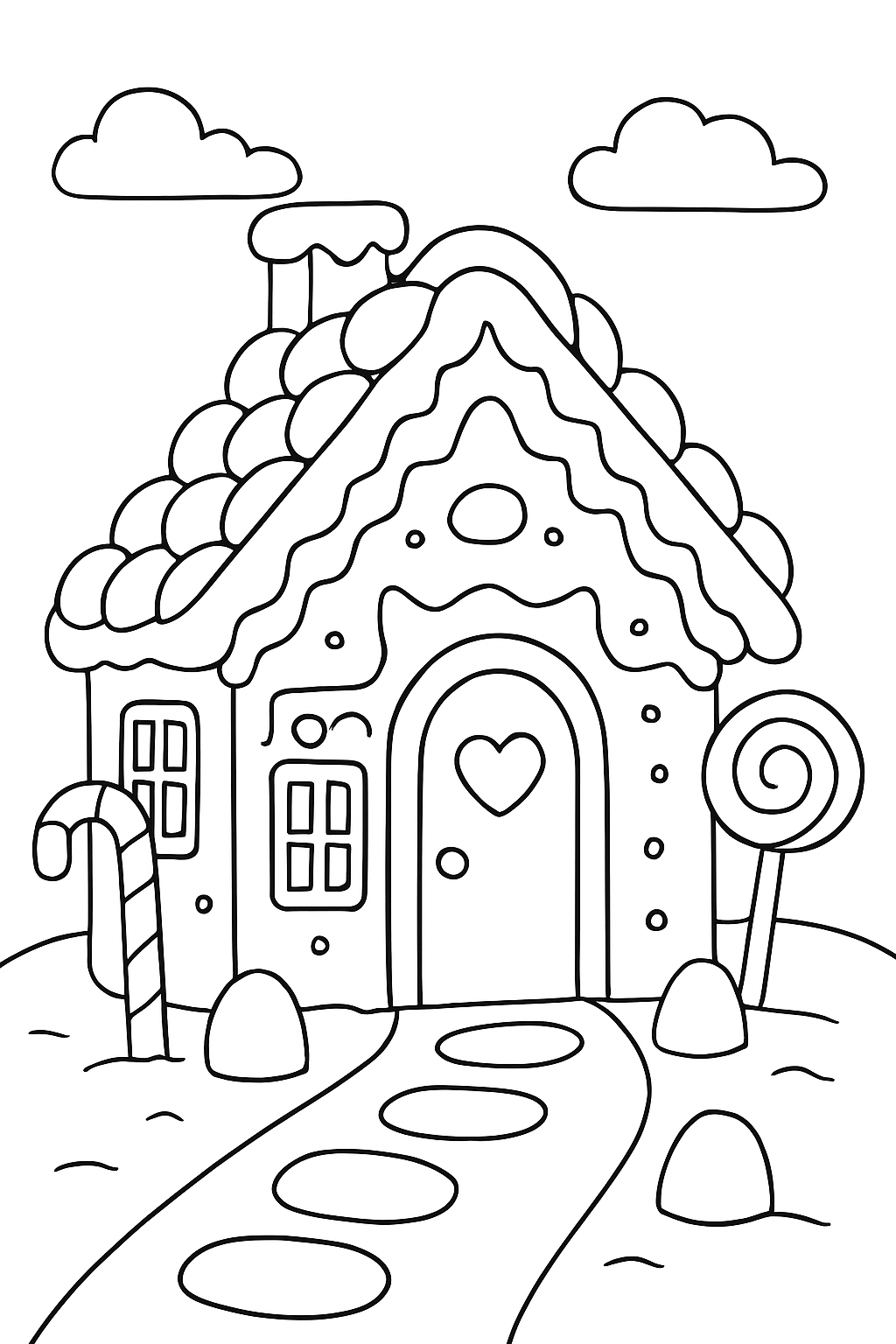 A festive gingerbread house coloring page with large, bold shapes and candy details.