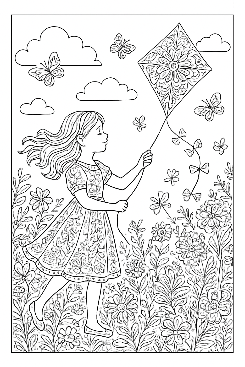 A detailed girl flying kite coloring page featuring a meadow filled with flowers and patterned clouds.