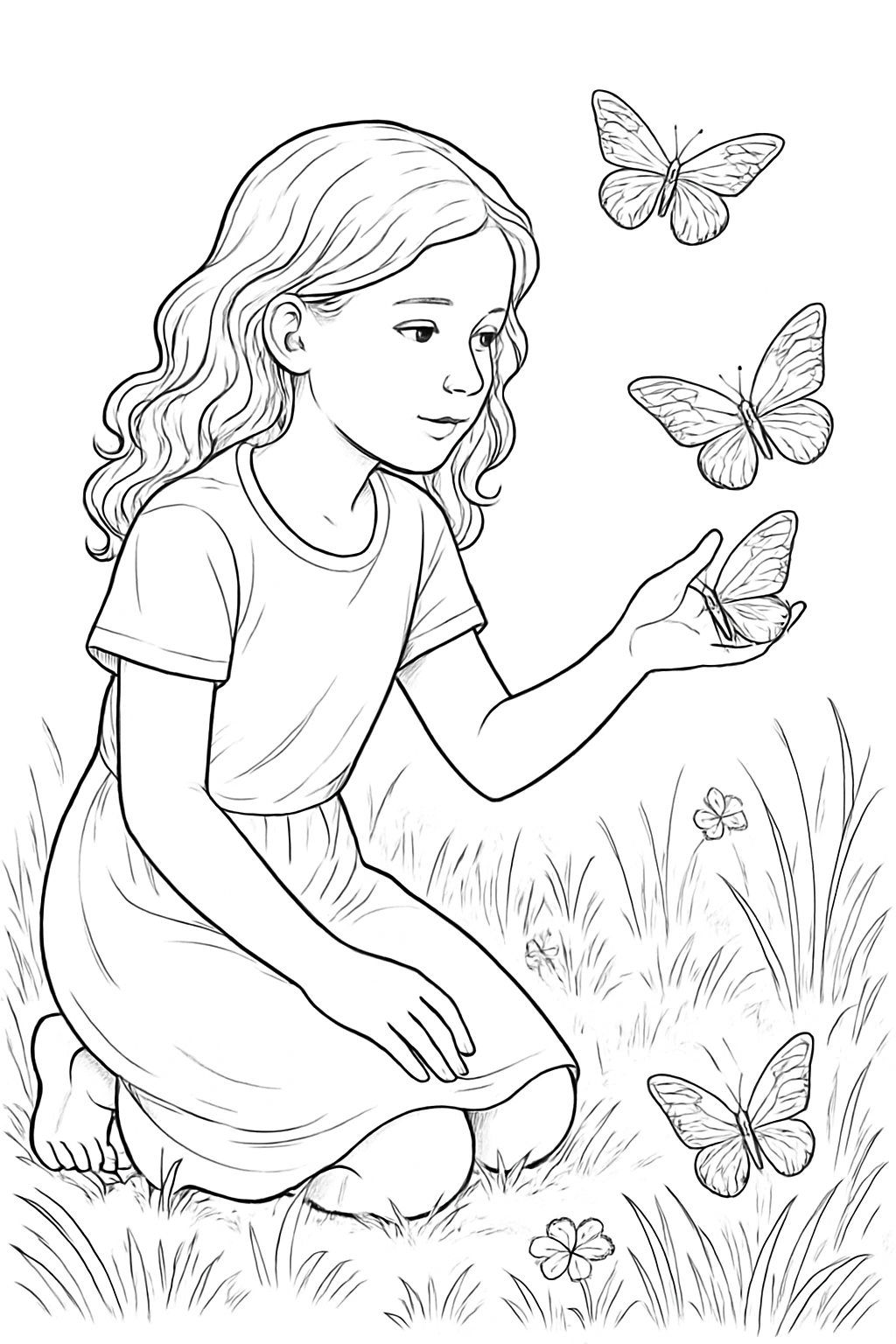 A detailed girl observing butterflies coloring page featuring a meadow scene with flowers and winged insects.