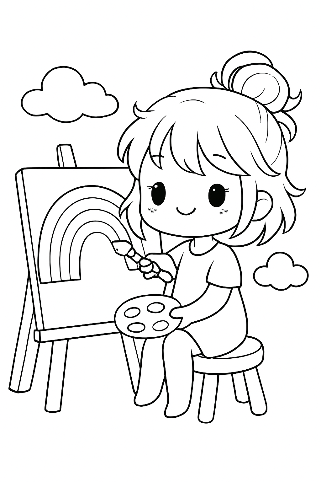 A cute girl painting a beautiful rainbow on a canvas in this detailed coloring page.