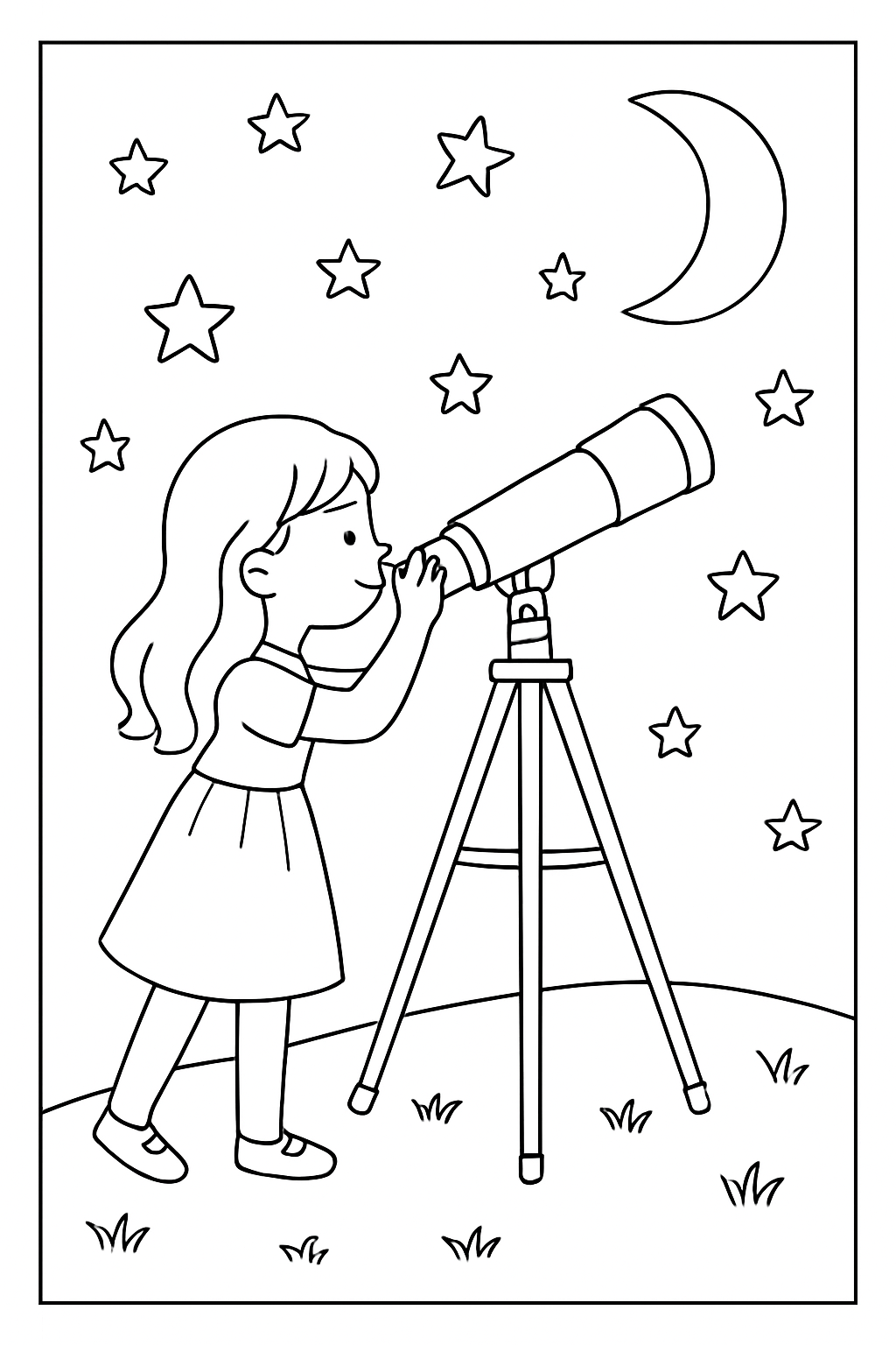 A happy girl stargazing through a telescope on a hill for this creative girl stargazing coloring page.