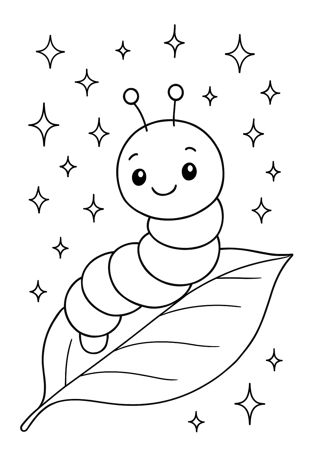 A happy glow worm resting on a large leaf in a cute glow worm coloring page.