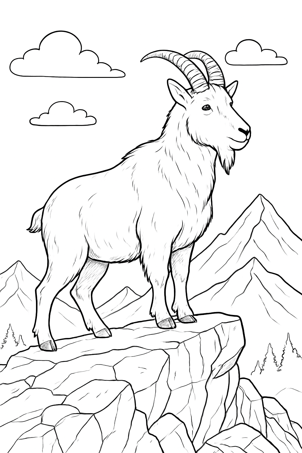 A detailed mountain goat standing on rocky cliffs for a mountain goat coloring page.