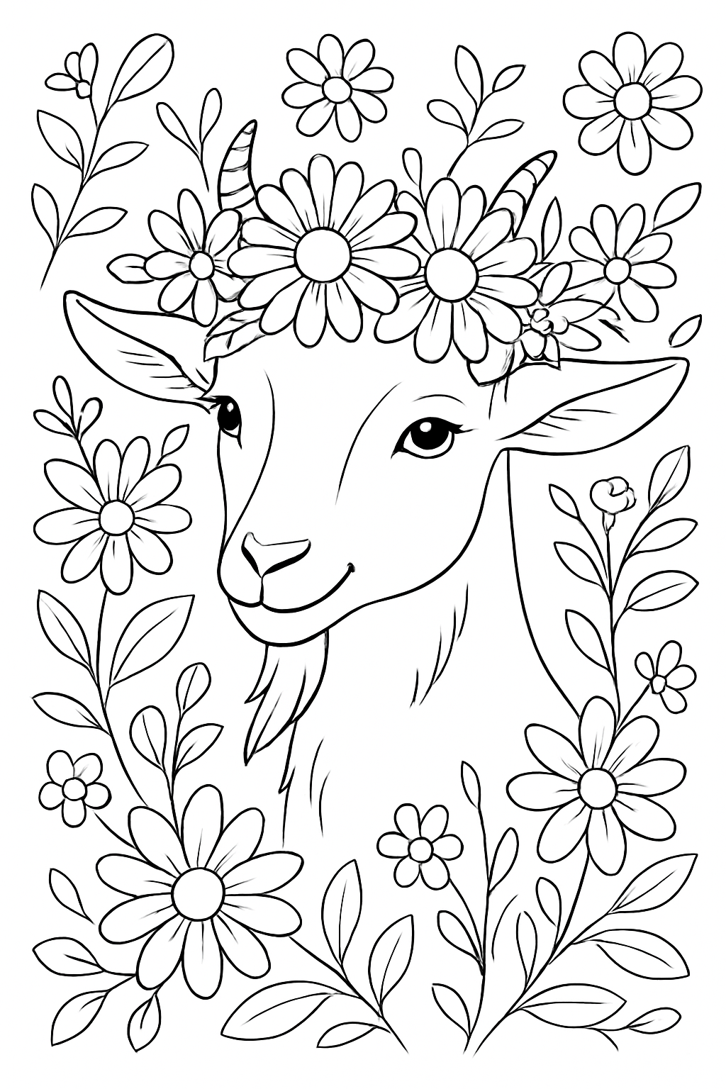 A cute goat with a flower crown in a whimsical style, perfect as a goat with flower crown coloring page.