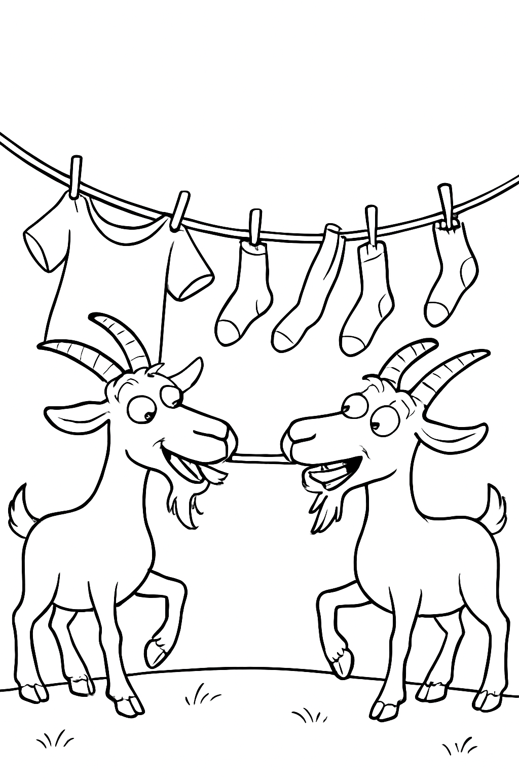 Two cartoon goats pulling socks off a clothesline in this goats eating laundry coloring page.