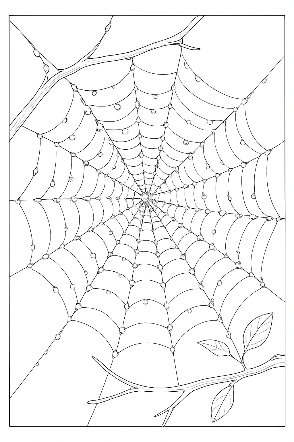 Detailed nature scene featuring a realistic gossamer spider web coloring page for kids and adults.