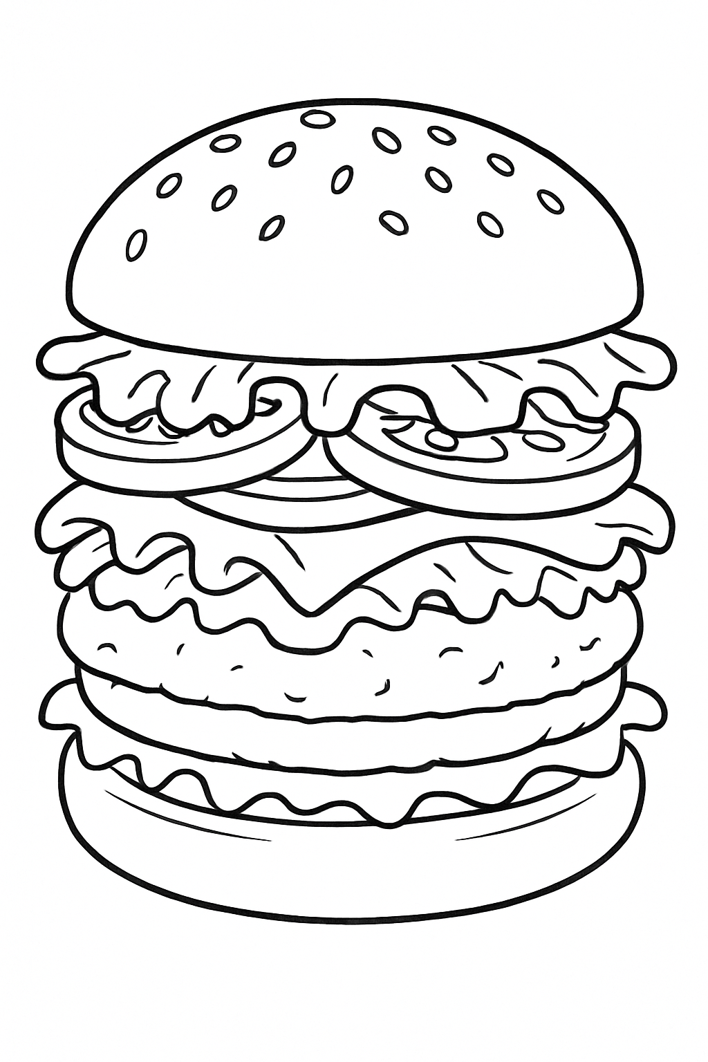 A large, tasty-looking burger with fresh toppings on a burger coloring page.