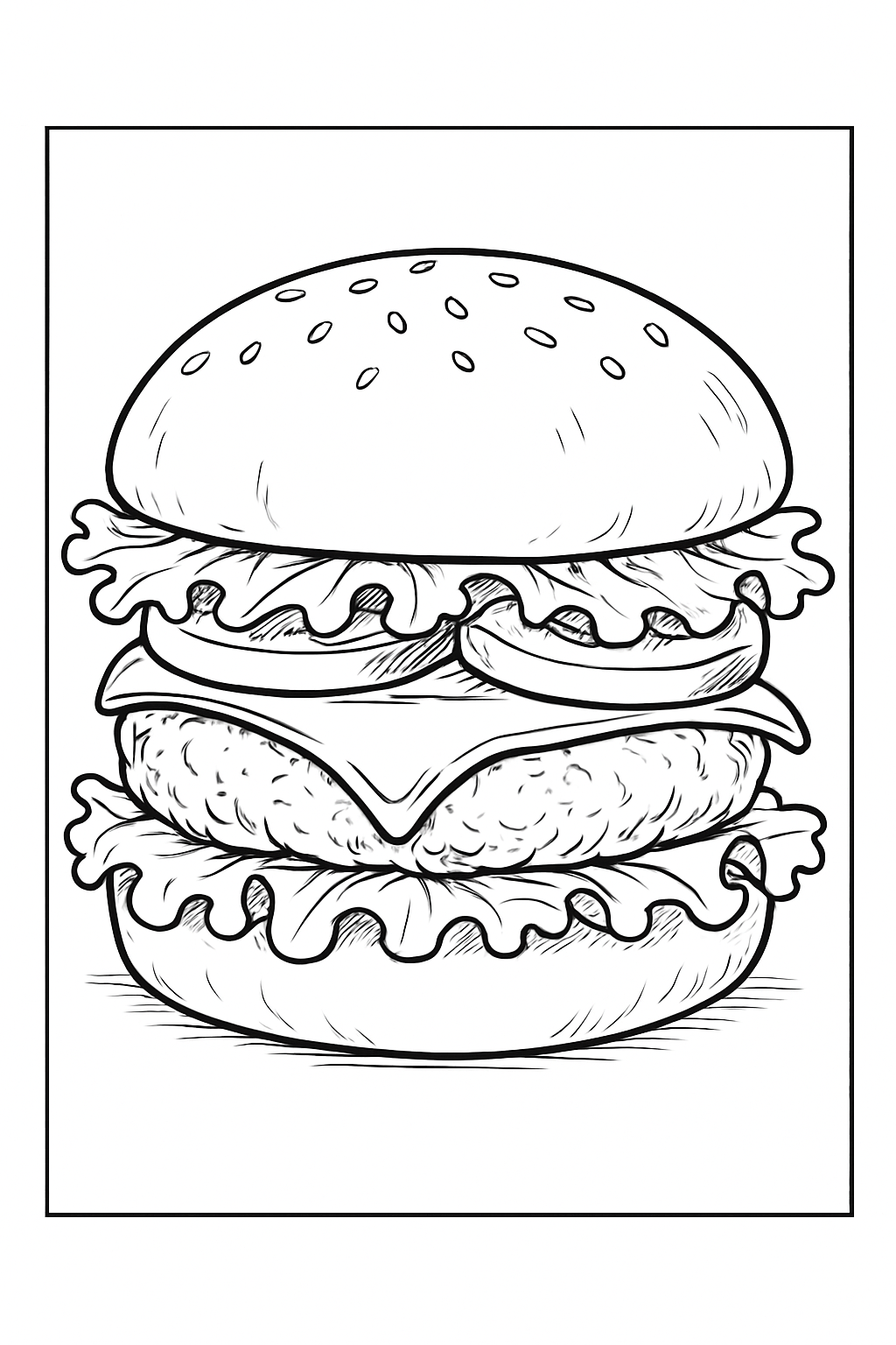 A realistic gourmet cheeseburger coloring page with clean lines and fresh ingredients.
