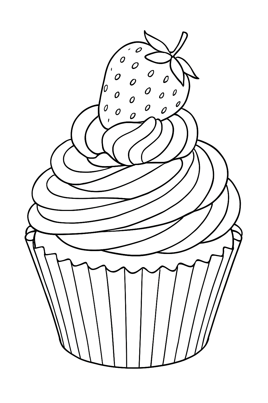 A detailed gourmet cupcake coloring page featuring fresh fruit toppings and swirling frosting patterns.