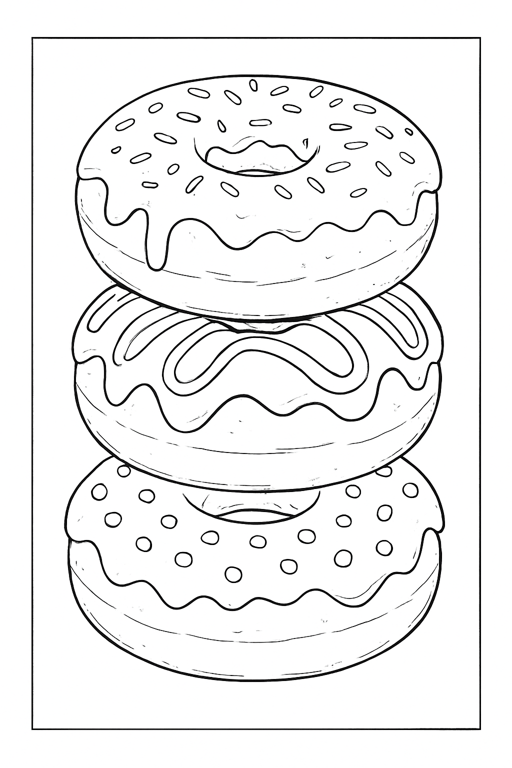 Detailed gourmet donut coloring page featuring stacked frosted donuts with sprinkles and fruit toppings.