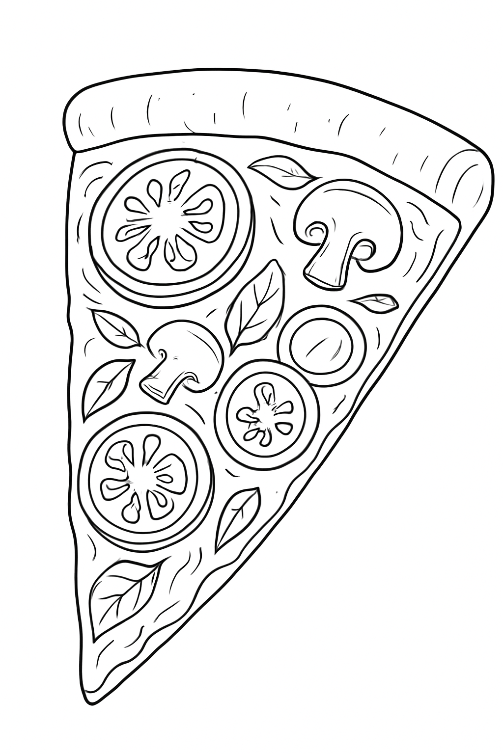 A detailed gourmet pizza slice coloring page with intricate toppings and clean outline art.