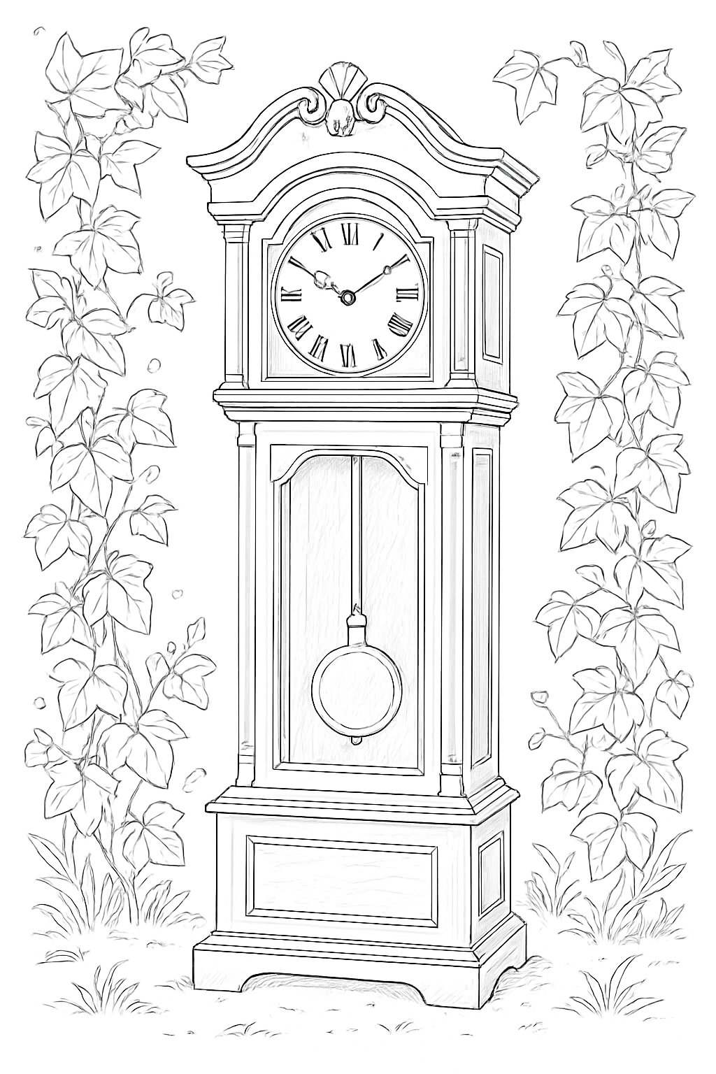 Intricate grandfather clock coloring page featuring realistic wood textures and ivy vines.