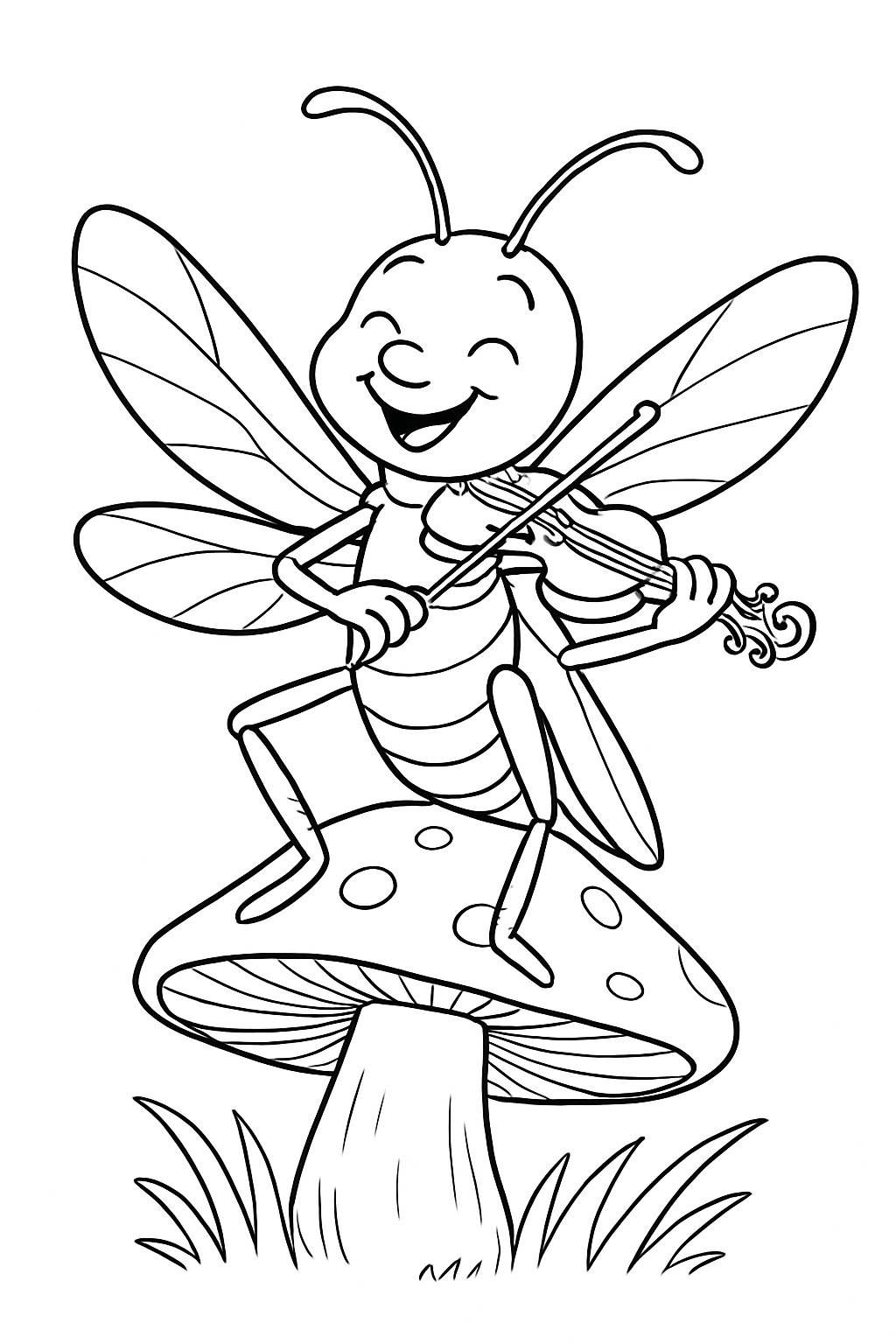 A happy grasshopper playing a violin on a forest mushroom in this printable grasshopper coloring page.
