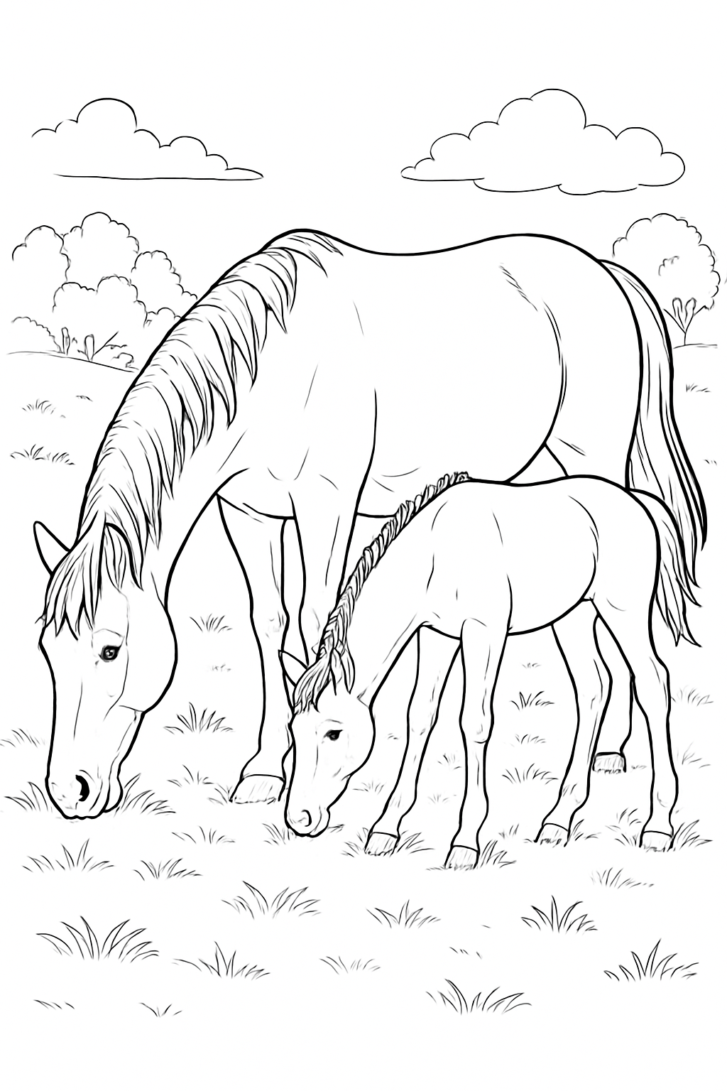 A peaceful grazing mare and foal coloring page with clean outlines and realistic features.