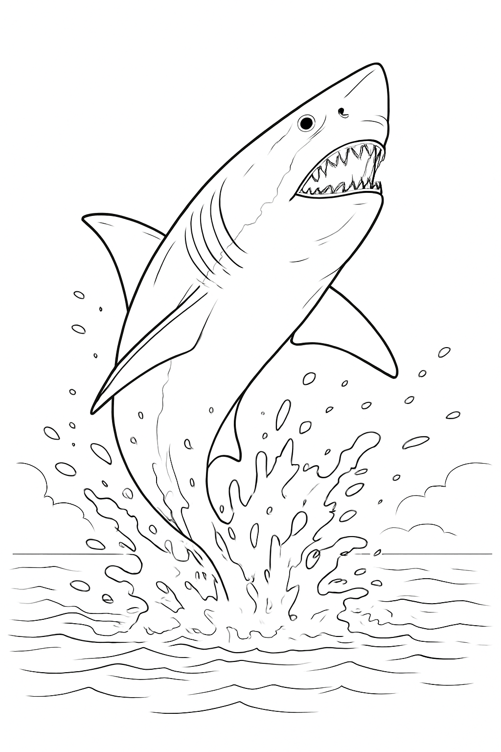 Detailed great white shark breaching the waves in a clean line art style for a great white shark coloring page.