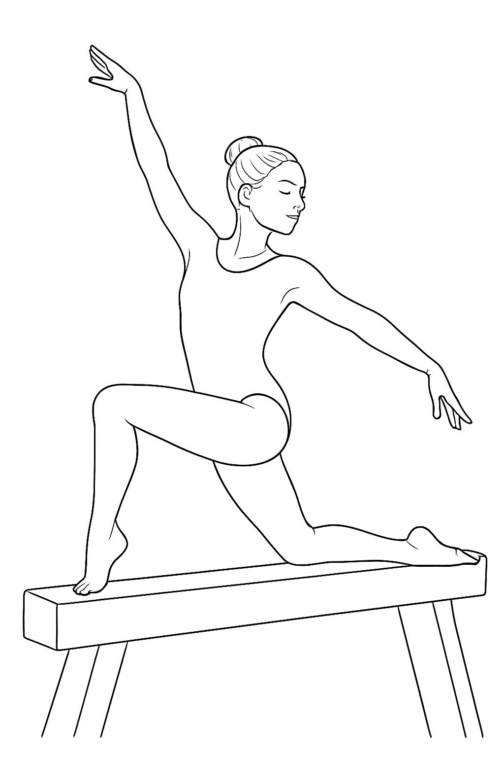 A realistic gymnast performing on a balance beam in a detailed gymnast coloring page.