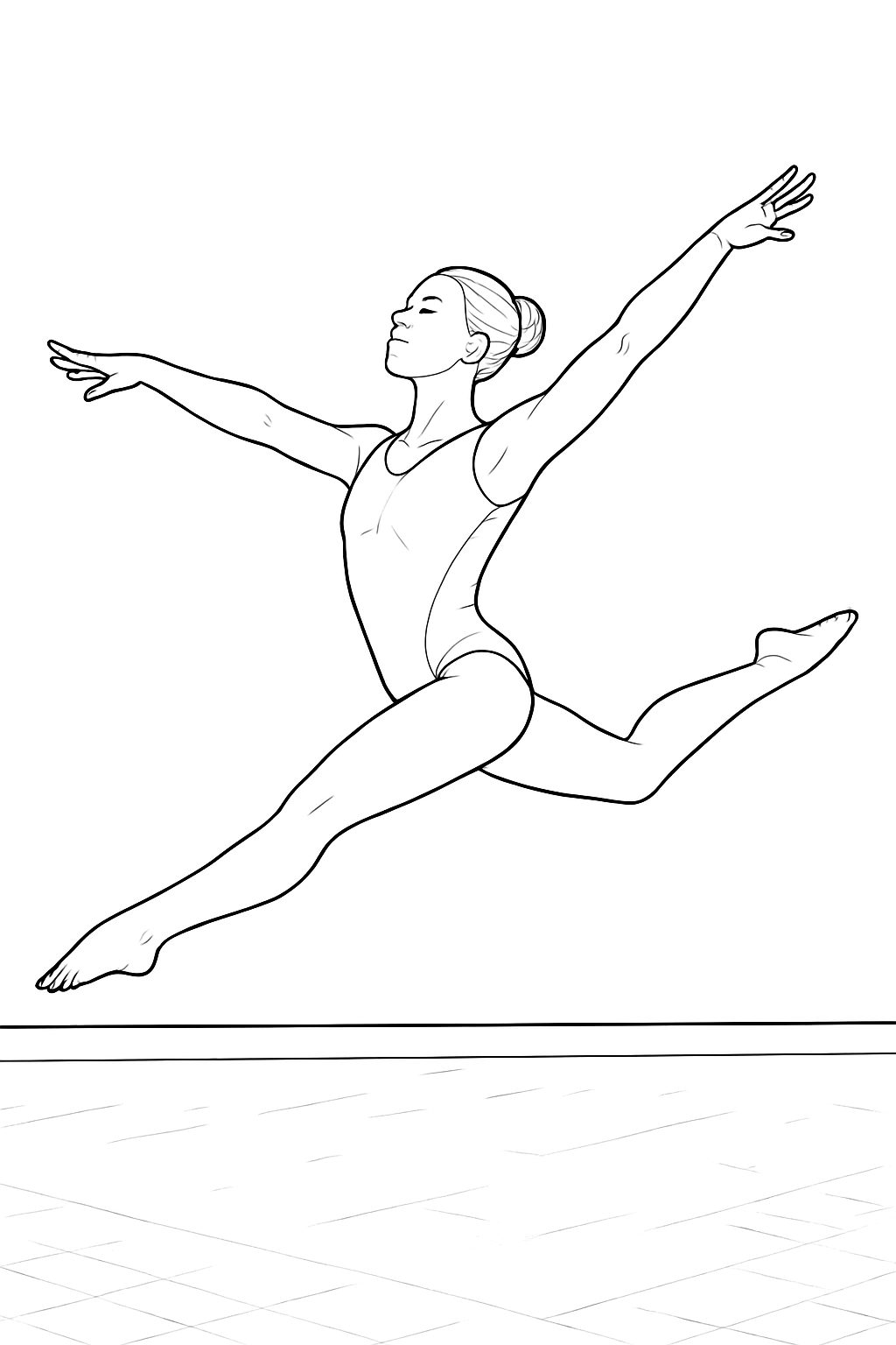 A talented gymnast performing a leap on a mat in this detailed gymnast floor routine coloring page.