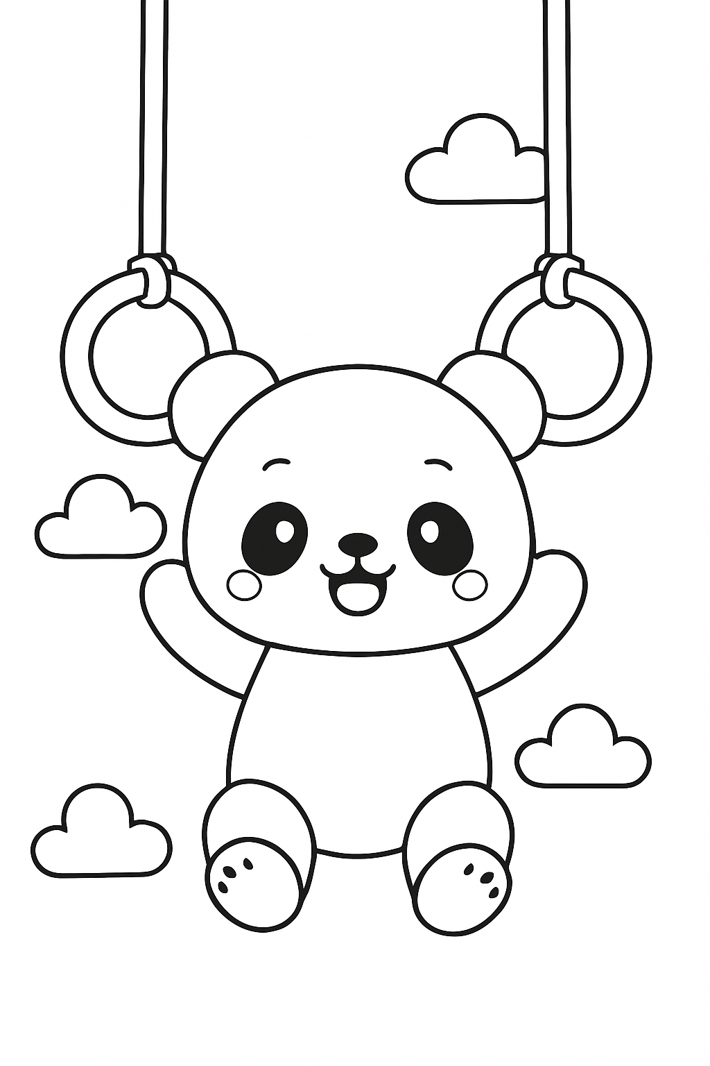 A cute panda doing a move on gymnastics rings in this gymnastics rings coloring page.