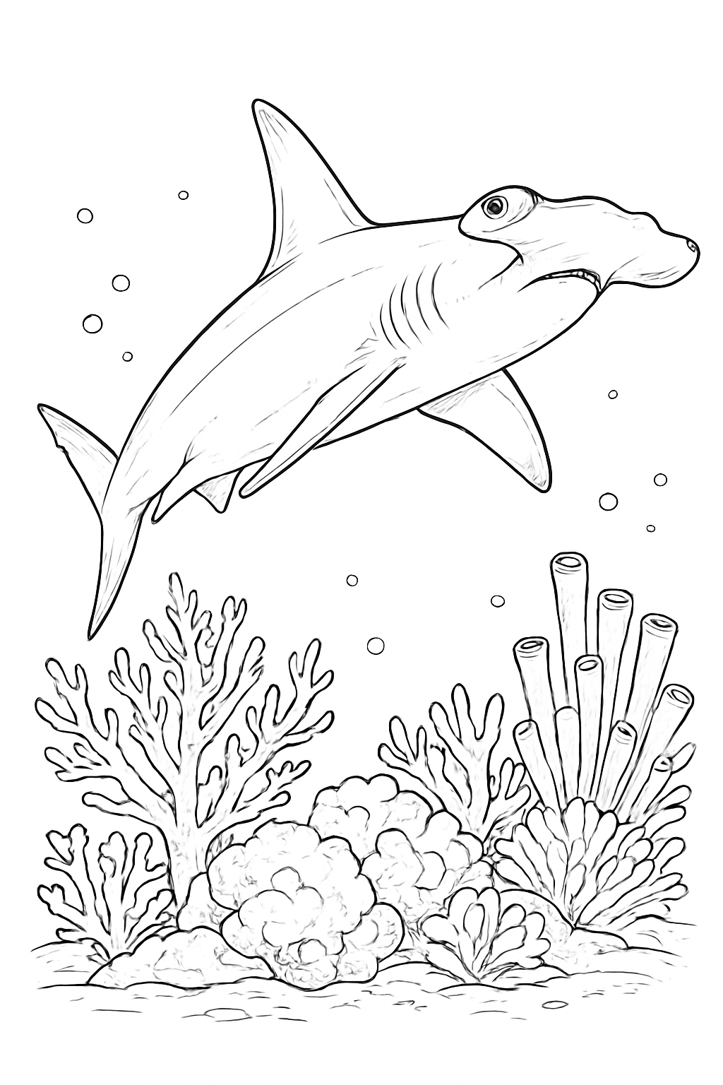 A realistic hammerhead shark swimming near coral for a fun hammerhead shark coloring page.