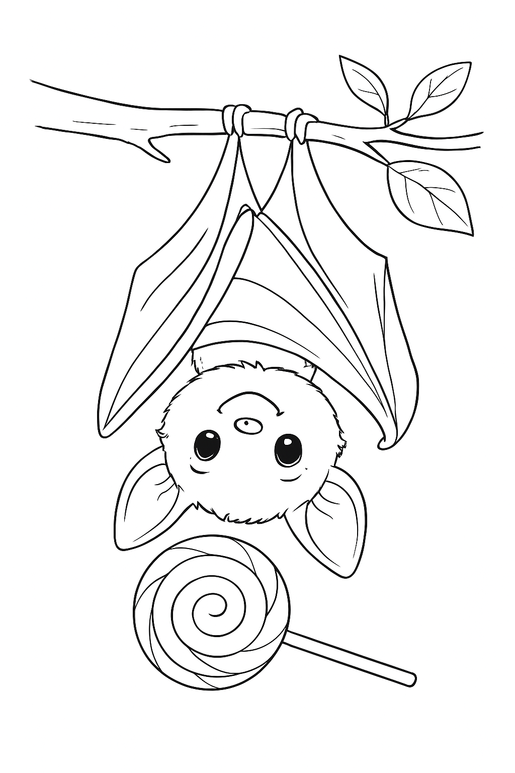 A friendly bat hanging from a branch with a giant candy on this cute bat candy coloring page.
