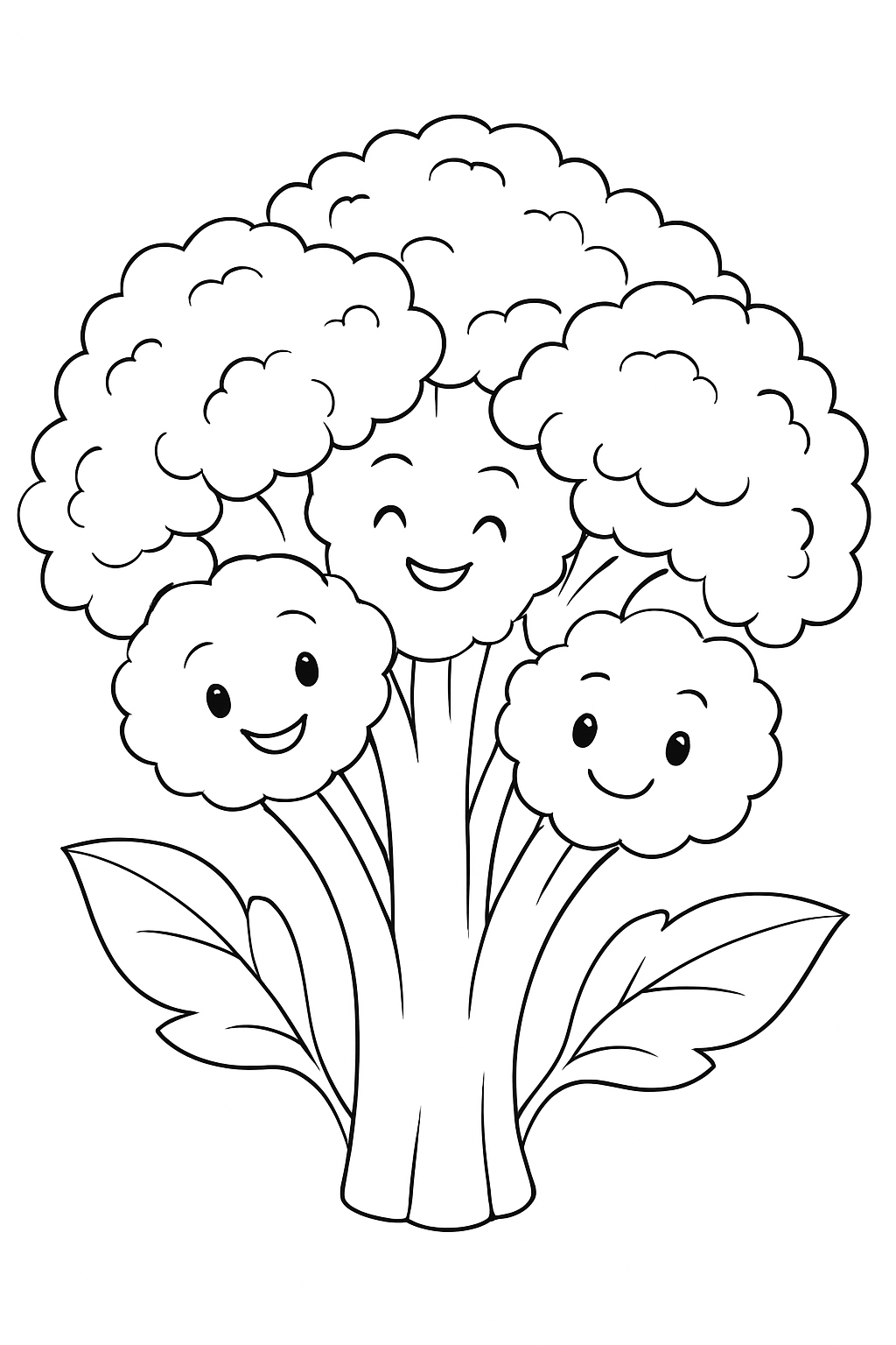 A cute broccoli vegetable coloring page with bold, clean outlines.
