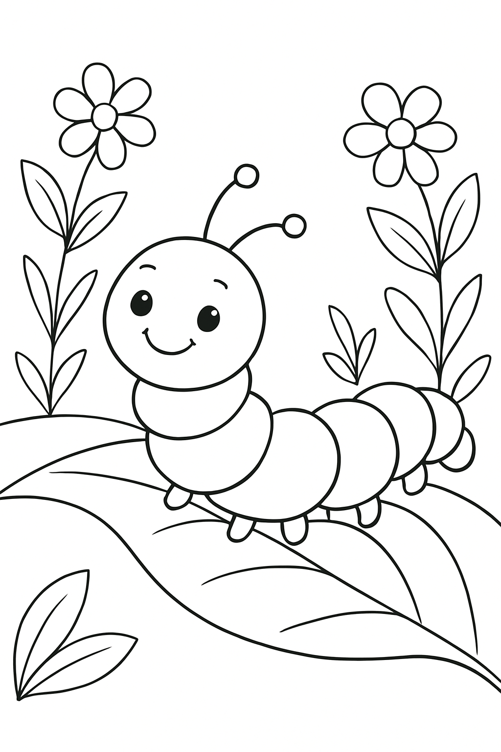 A friendly caterpillar on a leaf in this easy-to-color caterpillar coloring page.