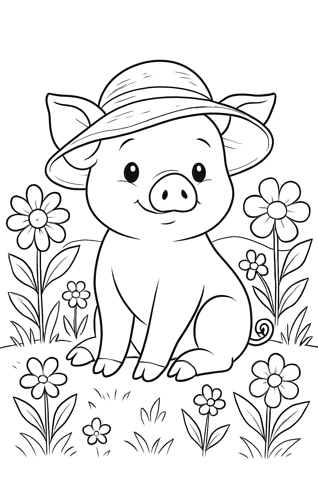 Cheerful piglet in a flower garden piglet in a garden coloring page