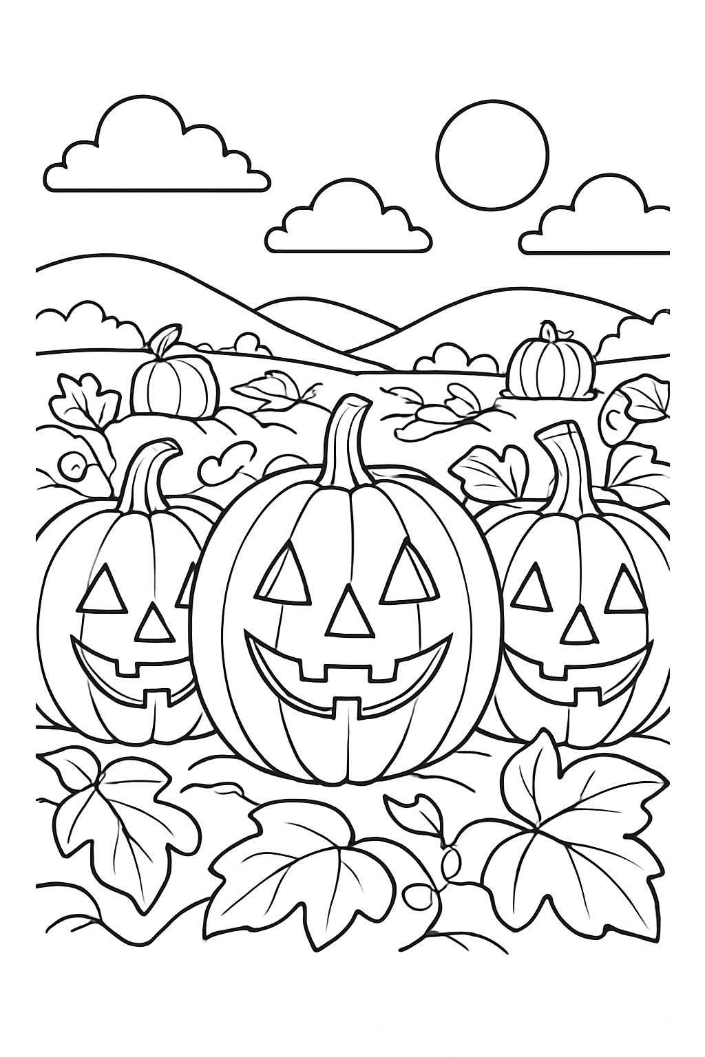 Three smiling pumpkins in a row on a jack o lantern pumpkin patch coloring page with thick, easy-to-color outlines.