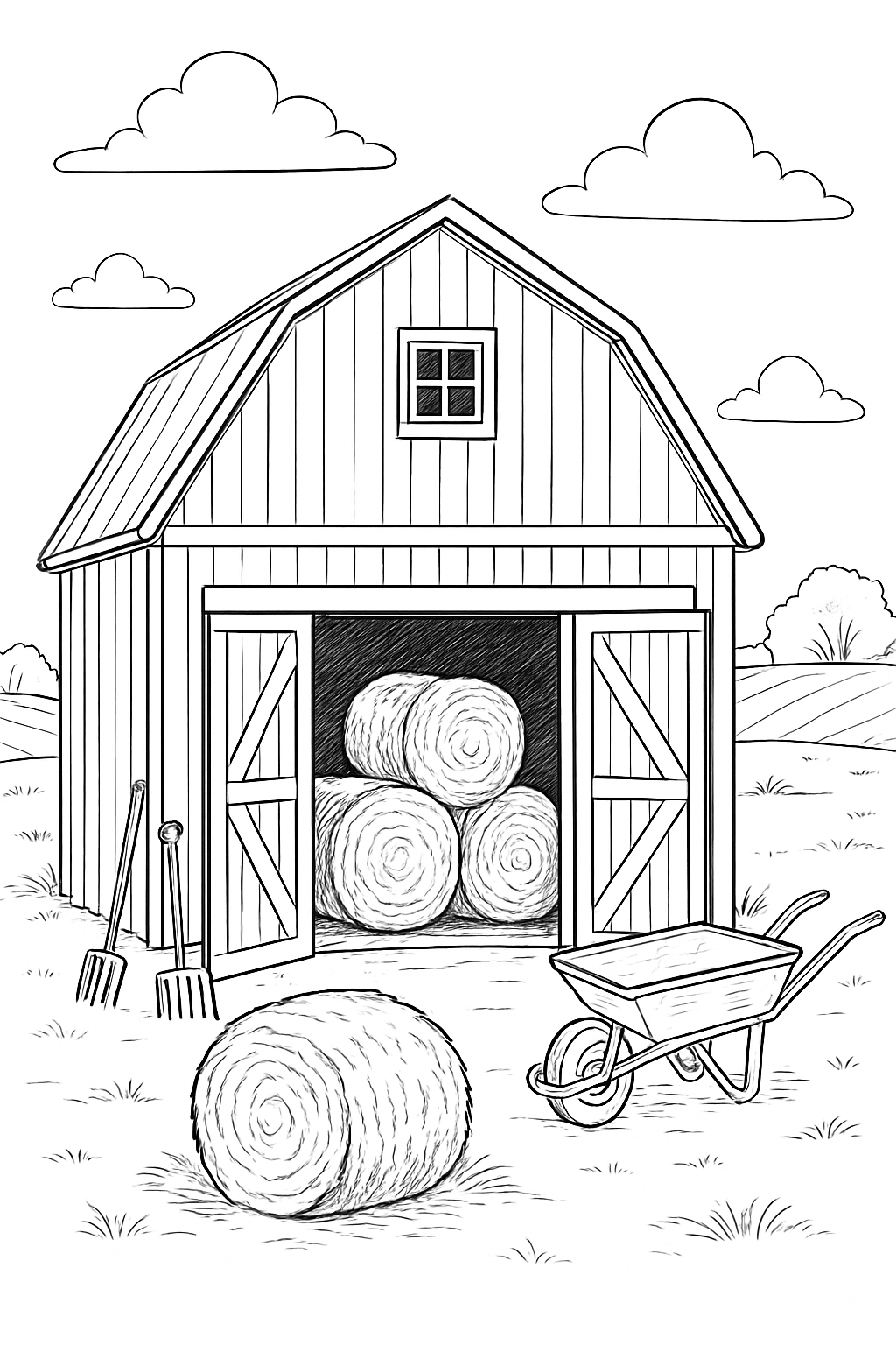 Detailed harvest barn coloring page with realistic farm tools and hay bales.