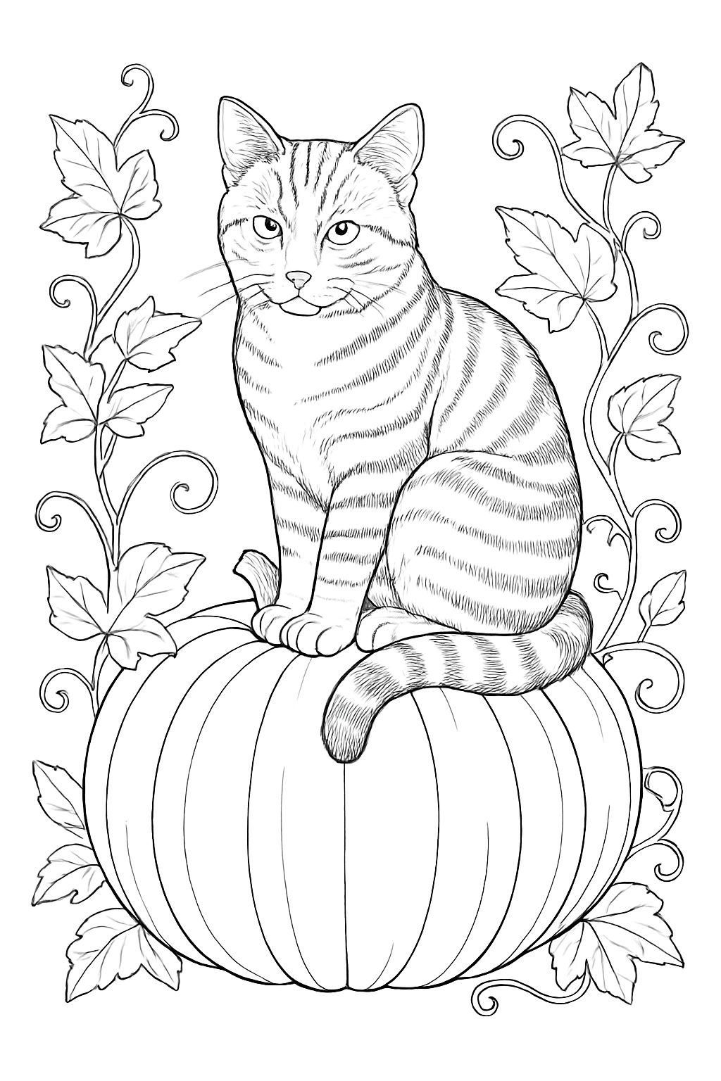 A detailed cat sitting on a pumpkin coloring page with autumn leaves in the background.
